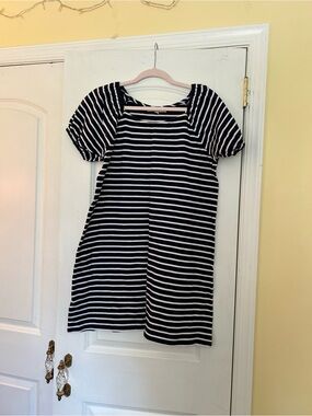 LOFT Navy and White Striped Puff-Sleeve Dress